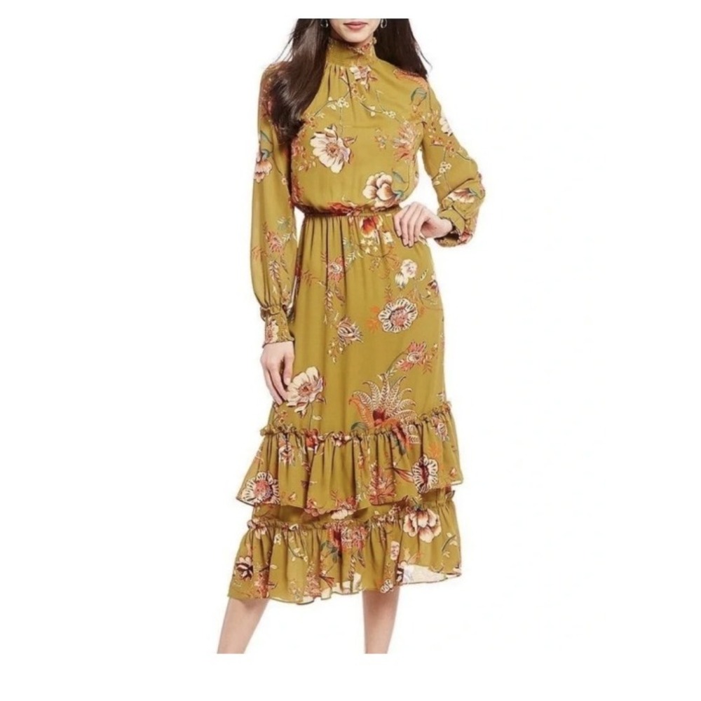 Gibson Latimer Country Floral Mock Neck Tiered Chiffon Midi Dress Yellow S